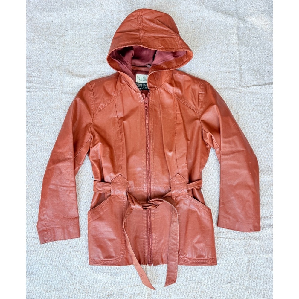 VTG Leather Jacket 70s Women Sz Small Sears Jr Bazaar Brown Belted Hooded Zip